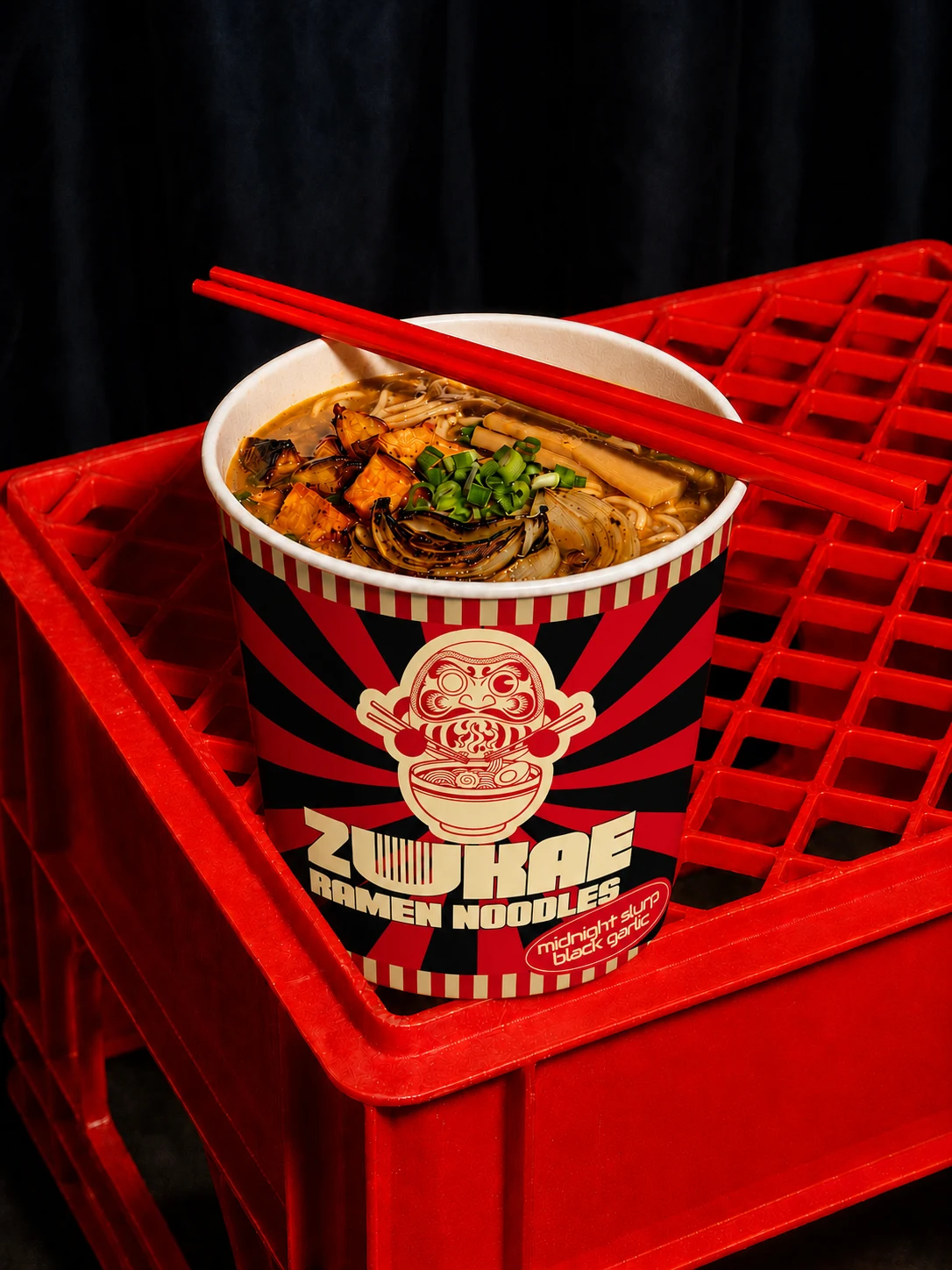 Zukae — A Daruma-led identity and packaging concept for instant noodles.
